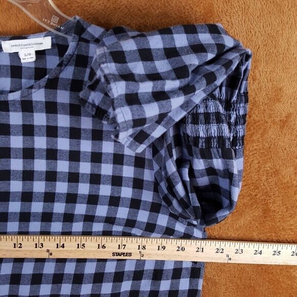 BEACH LUNCH LOUNGE Womens Top Large Blue Plaid Pullover Flannel Bell Sleeve - Picture 6 of 9